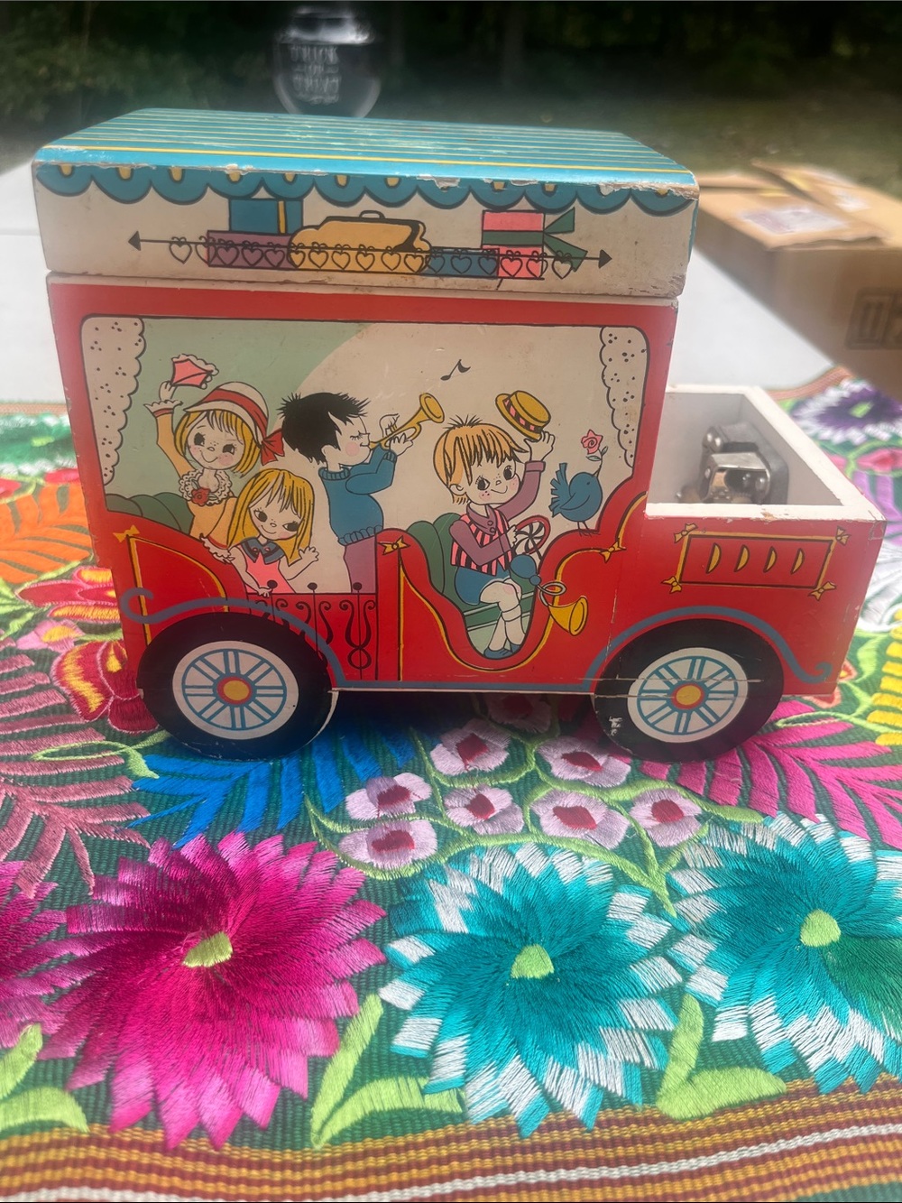 vintage Japanese lithographed wood/paper music box car 1967